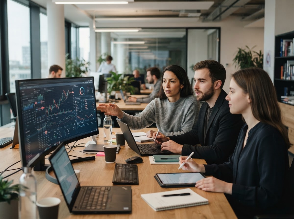 Drei Personen betrachten gemeinsam Daten-Diagramme auf einem großen Monitor