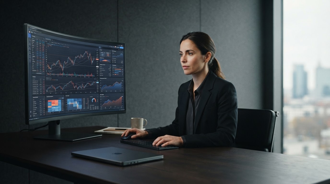 Eine Frau analysiert Finanzdiagramme auf einem großen Monitor